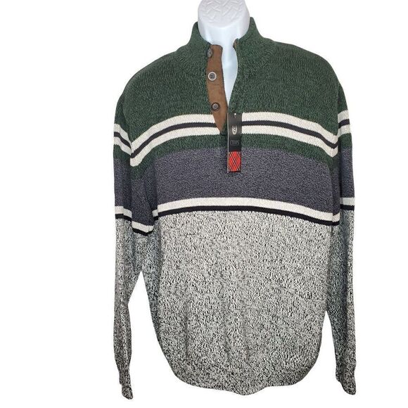 NEW Chaps Mock Button Neck Pull Over Heavy Cotton Sweater Green Black XL - Picture 2 of 5